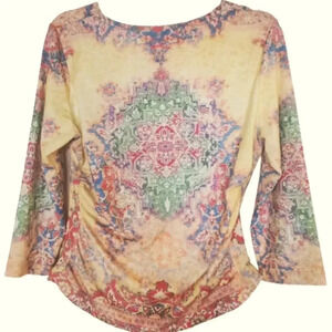 PARIS IQ yellow boho top with pink and green geometric designs Size XL